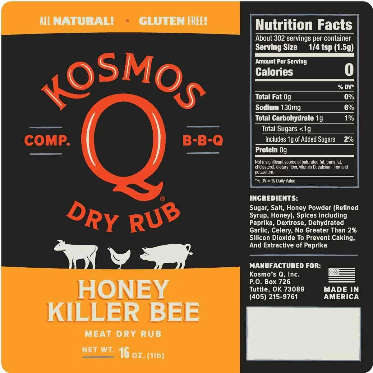 Kosmos Q Honey Killer Bee Dry BBQ Rub and Seasonings, 13.2 Oz